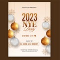 2023 NYE Party Flyer Or Invitation Card Decorated Realistic Baubles, Snowflakes And Venue