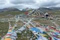 Nyenchen Tonglha pass. Prayer flags next to the base of Mount Nyenchen Tanglha 7111 meters high, Tibet China Royalty Free Stock Photo