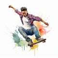 Nyjah Huston\'s Watercolor Trick On White Background Royalty Free Stock Photo