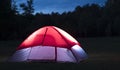 Nylon camping tent lighted after sundown