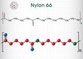 Nylon 66 or nylon molecule. It is plastic polymer. Structural chemical formula and molecule model. Sheet of paper in a cage