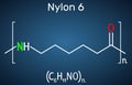 Nylon 6 or polycaprolactam polymer molecule. Structural chemical formula on the dark blue background