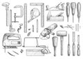 Carpentry, industrial tool, illustration, drawing, engraving, ink, line art, vector