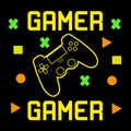 Gamer text, and geometric shapes, on black backgound.