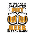 My idea of a balanced diet, is a beer in each hand! - funny saying text, with beer mugs.