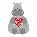 I love you text - cute hippopotamus with heart.