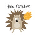 Hello October, cute hedgehog, autumn illustration, graphics vector. Royalty Free Stock Photo