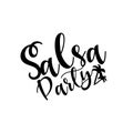 Salsa Party, handwritten text,with palm silhouette, on white background.
