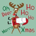 Oh deer, Ho ho ho, Merry Xmas - funny christmas text, with reindeer and Santa Claus on green background Royalty Free Stock Photo