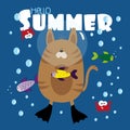 Hello Summer text- with funny cat and fishes, and cute crabs, in sea.