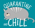Quarantine and chill- text with cute cat on green background.