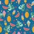 Summer fruits seamless pattern,on blue backgound. Royalty Free Stock Photo