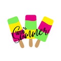 Hello Summer calligraphy with colorful ice creams. Royalty Free Stock Photo