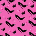 High heels shoes seamless pattern, with crown, on pink background.