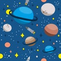 Seamless pattern with space, rockets, planets and stars. Childish background.