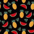 Tropical fruits, and palm leaf seamless pattern on black background.