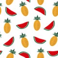 Tropical fruits, watermelon and pineapple seamless pattern on white background.