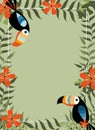 Exotic tropical jungle rain forest green palm tree and monstera leaves with toucan birds border frame template on geen background