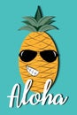 Aloha calligraphy with cute smiley pineapple in sunglasses. Royalty Free Stock Photo