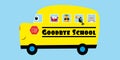 Goodbye School- text with cute smiley School Bus, with crab, pineapple, toucan, and cat.