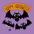 Happy Halloween text with cute bat family on purple backgound.