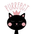 Purrfect - with cute black cat in crown. Royalty Free Stock Photo