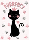 Purrfect - text with cute black cat in crown and paw prints. Royalty Free Stock Photo
