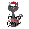 Happy Meow Year- funny New Year greeting with cute cat in Santa`s hat.