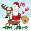 Merry Christmas- greeting with hand drawn Santa Claus and reindeer.