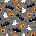 Halloween seamless pattern.  Cute hand drawn baby bat, pumpkin, spider, and ghost on gray backround. Royalty Free Stock Photo