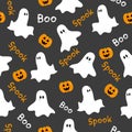 Halloween seamless pattern. Cute ghosts and pumpkins on gray backround