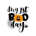 My First Boo day- cute Halloween greeting with pumpkin and spider.