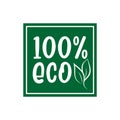 100% ECO-  logo green leaf label for premium quality, locally grown, healthy food natural products, farm fresh sticker. Royalty Free Stock Photo