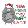 Meowy Christmas and Happy Meow Year! - Funny Christmas greeting with cute cat in Santa`s cap Royalty Free Stock Photo