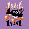 Trick Or Treat - Cute Baby bat and candy corns. Halloween vector illustation.