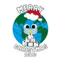Merry Christmas 2020 - Cute Earth Planet in mask with toilet paper christmas tree. Royalty Free Stock Photo