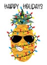 Happy Holidays greeting with cool pineapple in christmas lights.