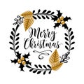 Merry Christmas - wreath with black and gold leaves and mistletoe Royalty Free Stock Photo