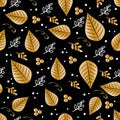Elegeant golden color leaves and mistletoe seamless pattern for Christmas.