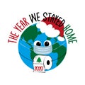 2020 The Year We Stayed Home - Cute Earth planet in face mask, and Santa`s hat