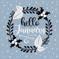 Hello January- wreath with leaves and mistletoe on blue snowy background Royalty Free Stock Photo