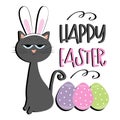 Happy Easter- funny angry cat in bunny ears, with eggs.