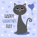 Happy Valentine`s Day - cute bored cat with air ballon, and hearts. Royalty Free Stock Photo