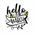 Hello March - happy Springtime greeting, with cute bees and butterfly.
