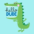 Hello dude - funny hand drawn doodle, cartoon alligator or alligator with open mouth. Royalty Free Stock Photo
