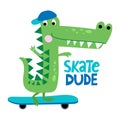 Skate dude - funny hand drawn doodle, cartoon alligator or alligator on a skateboard. Royalty Free Stock Photo