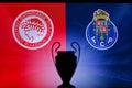 NYON, SWISS, NOVEMBER 2. 2020: Olympiacos Piraeus vs. Porto FC. Football UEFA Champions League 2021 Group Stage match. UCL Trophy