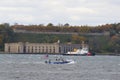 NYPD boat and US Coast Guard Ship providing security during New York City Marathon 2014 Royalty Free Stock Photo