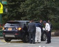 NYPD investigators are at the crime scene near a terror attack site in lower Manhattan in New York. Royalty Free Stock Photo