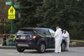 NYPD investigators are at the crime scene near a terror attack site in lower Manhattan in New York. Royalty Free Stock Photo